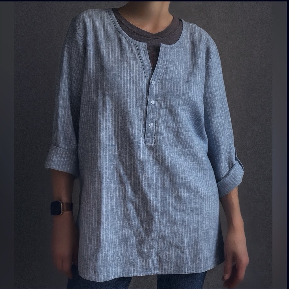 Hester & Orchard Blue White Stripe Linen Half Button Blouse Size XL